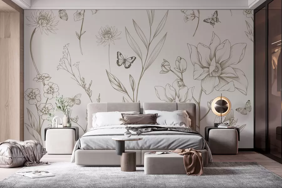 murais de parede Flores e borboletas monocromáticas Boho na cor bege w08088v1