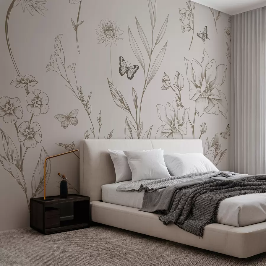murais de parede Flores e borboletas monocromáticas Boho na cor bege w08088v1