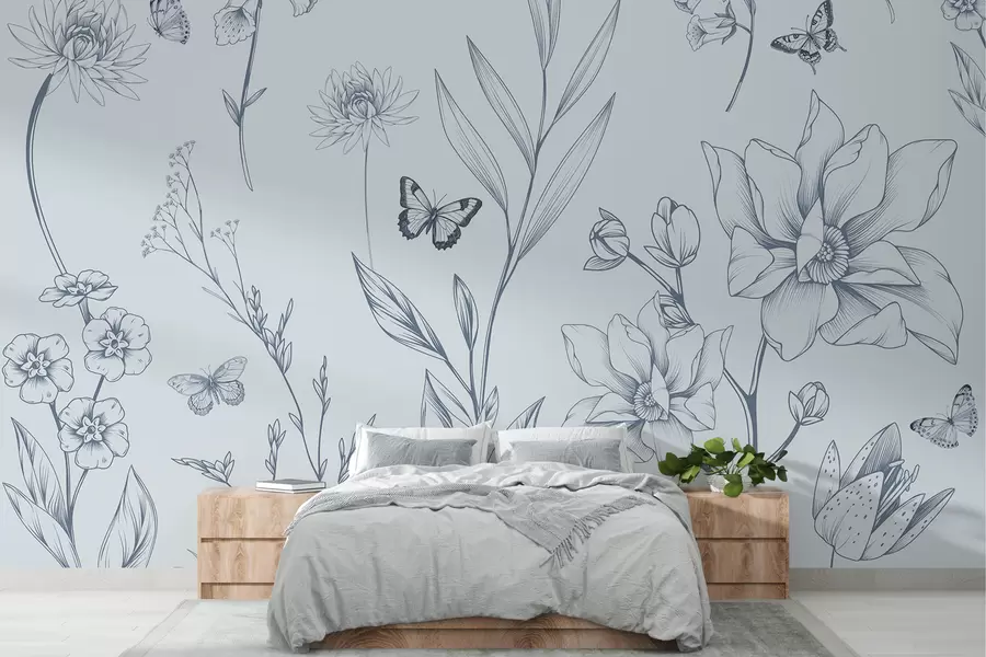 murais de parede Flores e borboletas monocromáticas Boho em azul w08088v2
