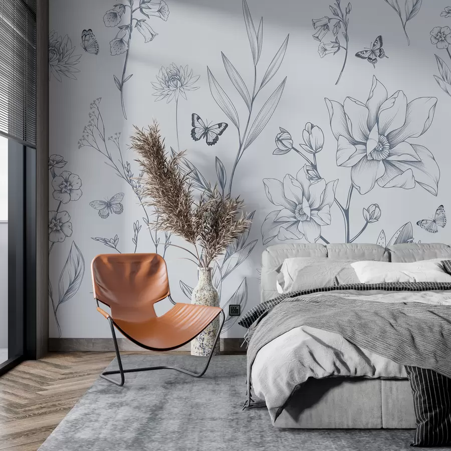 murais de parede Flores e borboletas monocromáticas Boho em azul w08088v2