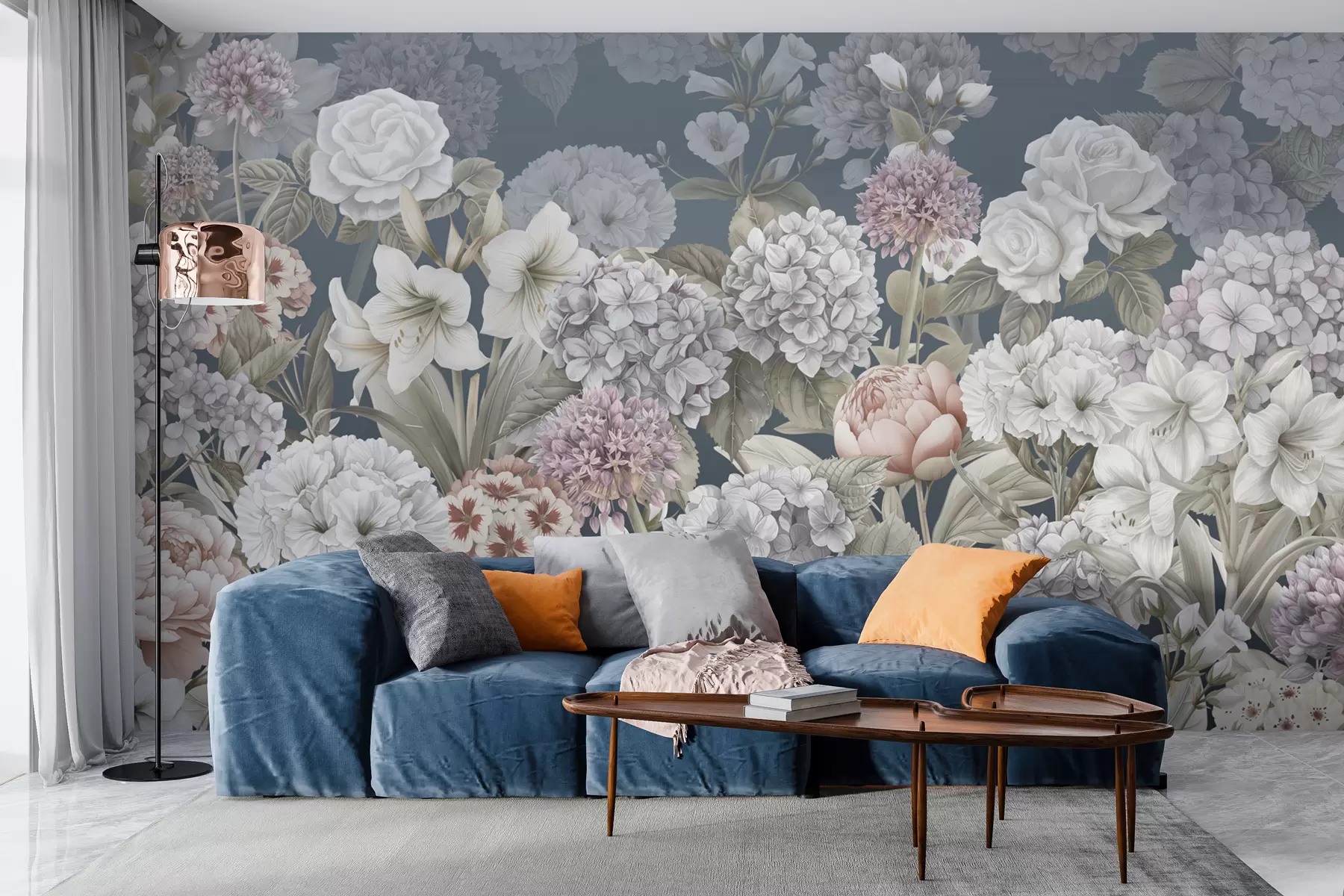 murais de parede Jardim de verão mágico em um fundo azul w08140v1