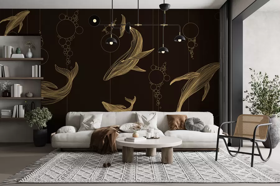 murais de parede Baleias e abstração em fundo marrom w08074v2