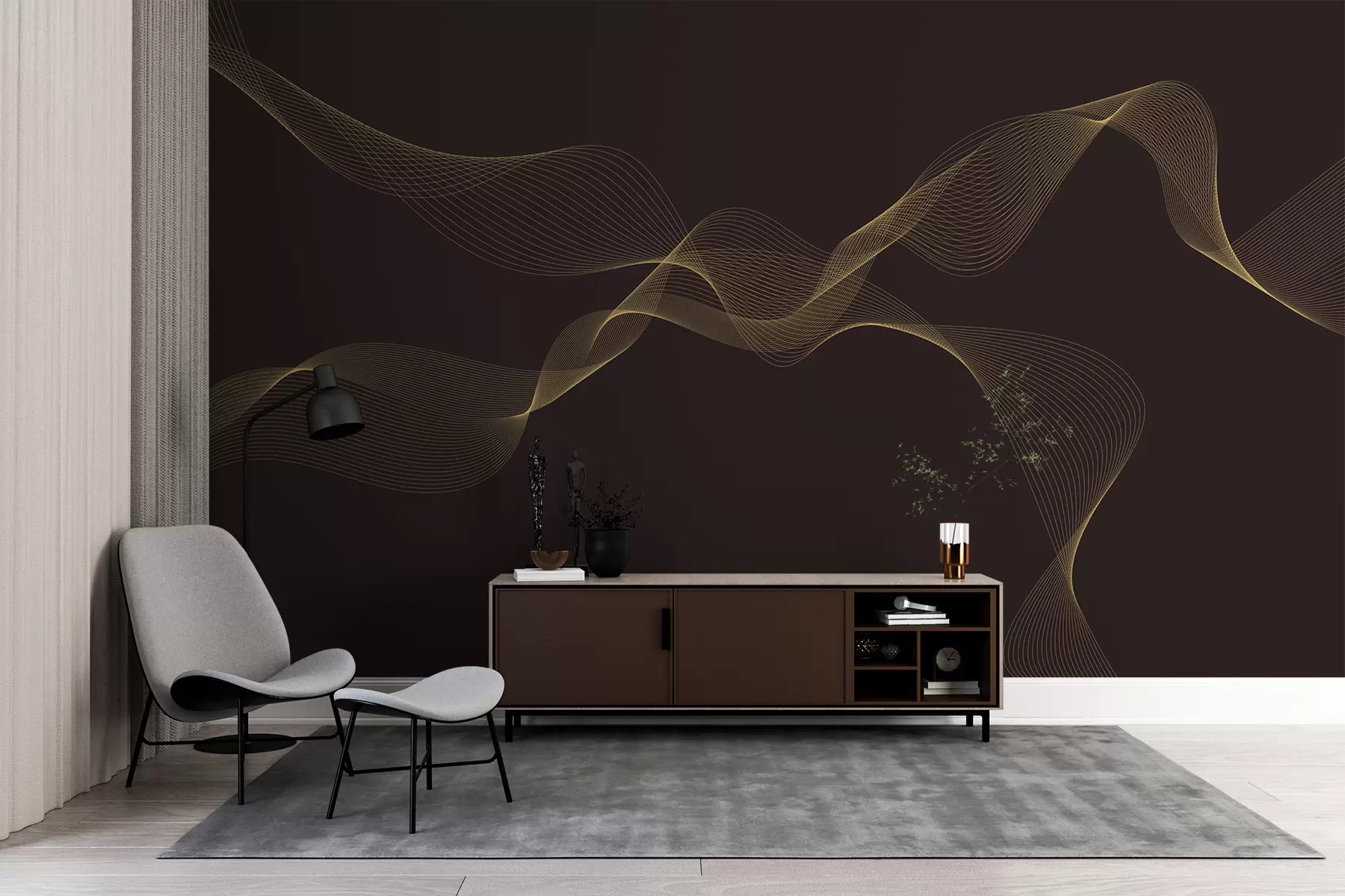 murais de parede Ondas amarelas em um fundo marrom w08075v2