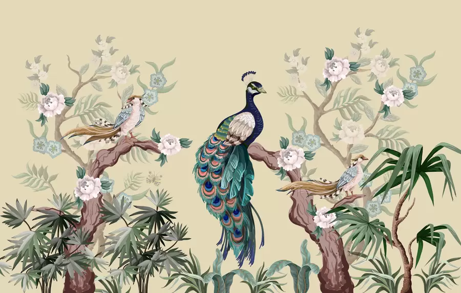 murais de parede pavão em uma árvore, fundo bege w08168