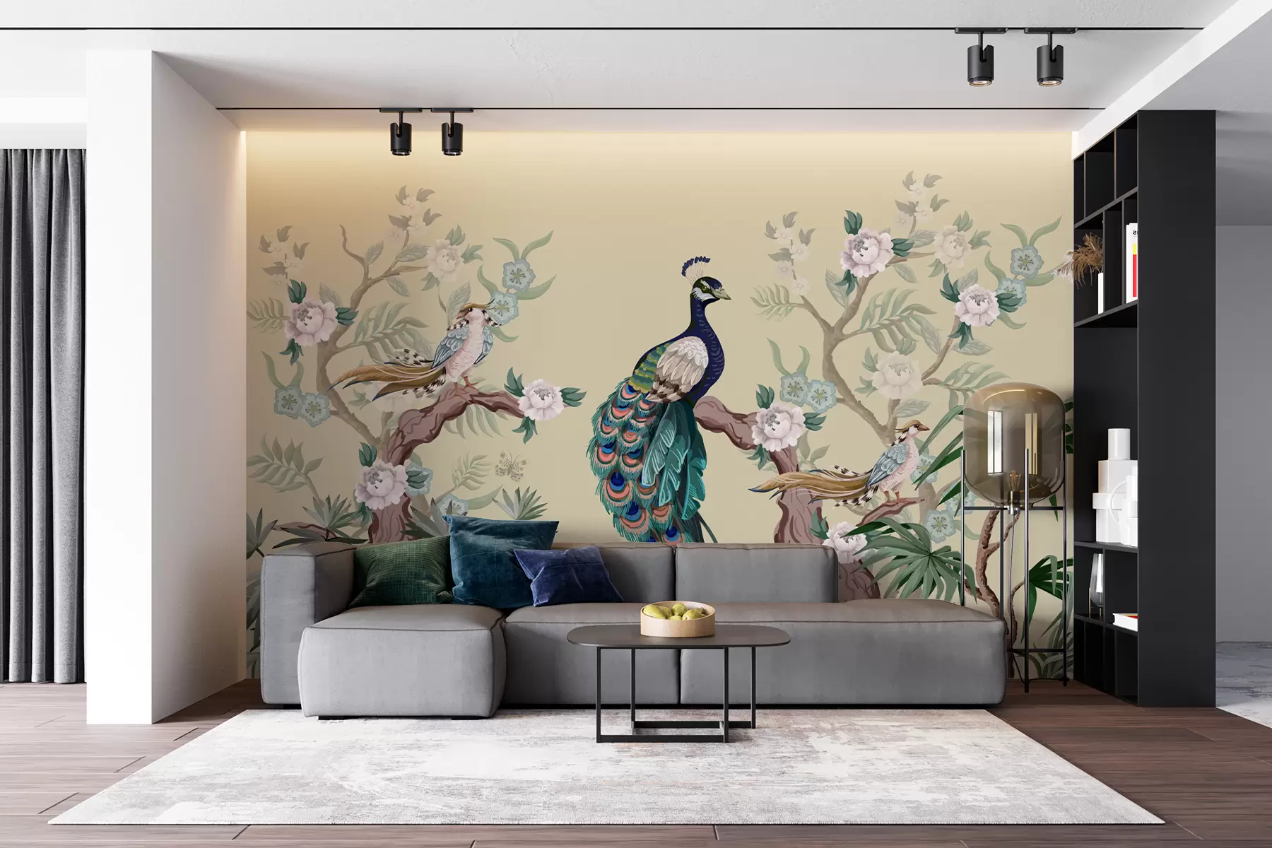 murais de parede pavão em uma árvore, fundo bege w08168