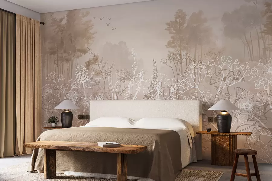 murais de parede Desenho de flores, paisagem florestal, natureza, realismo, paleta de cores bege w08144