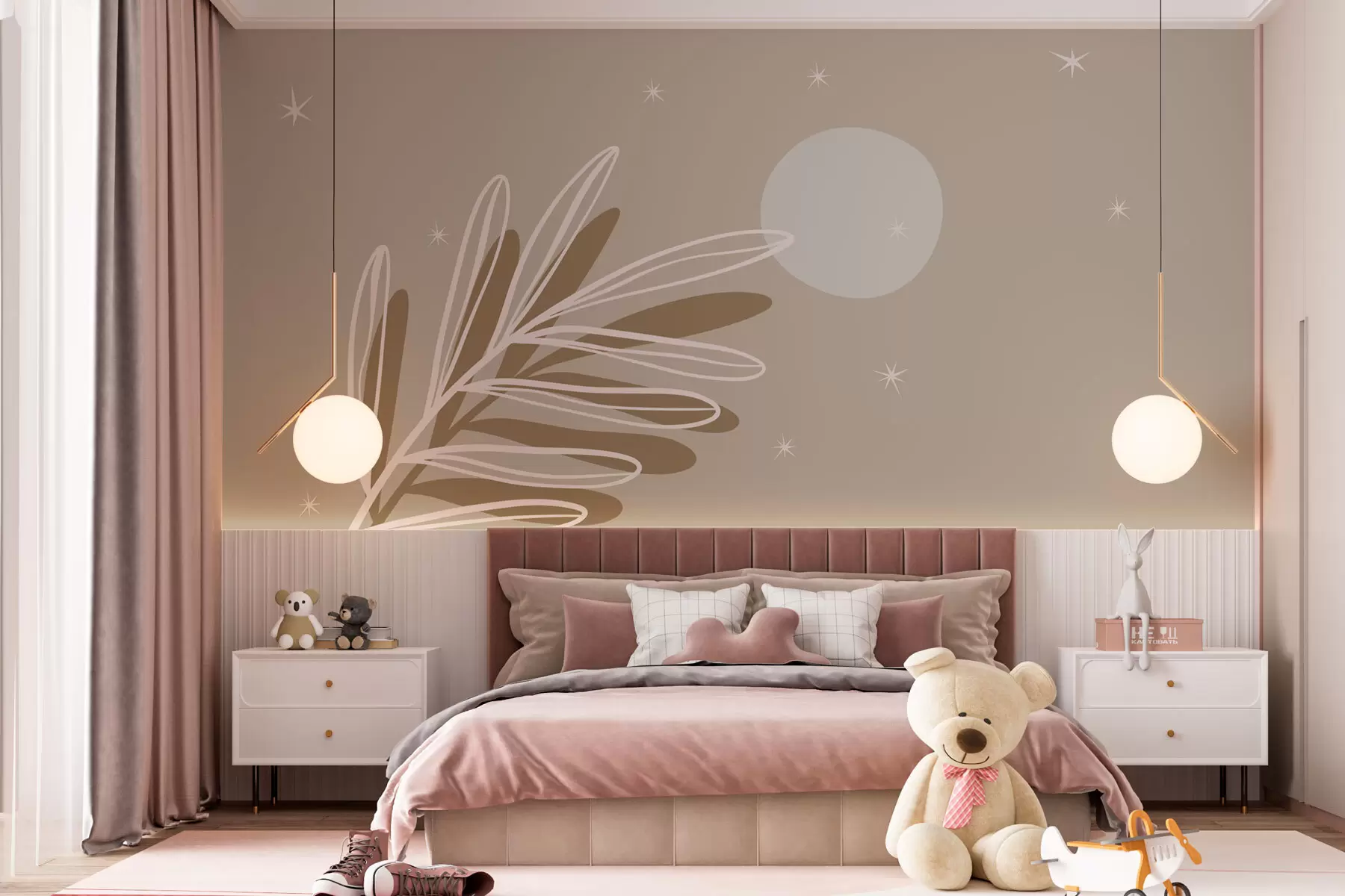 murais de parede Ramo com folhas e lua com estrelas estilo boho w08169v1