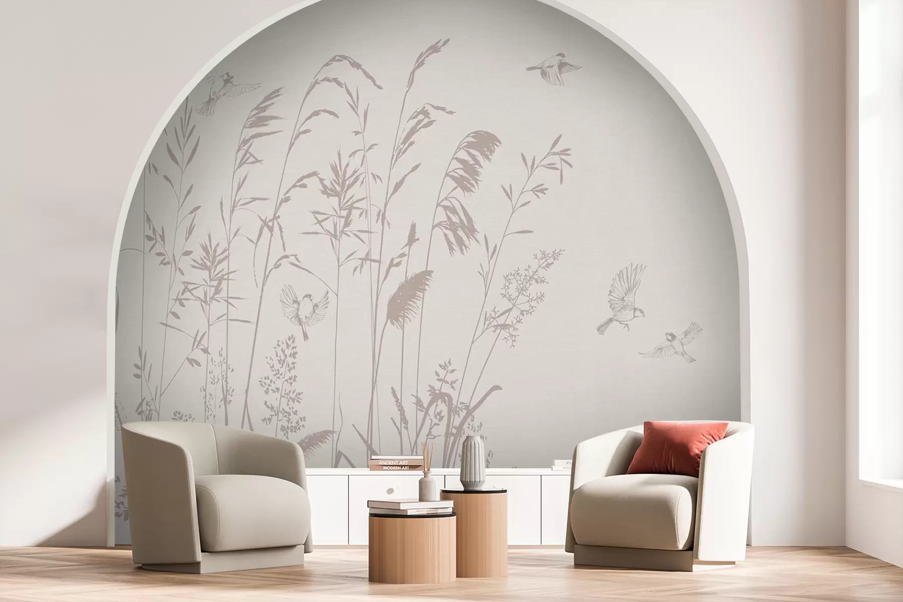 murais de parede Plantas e pequenos pássaros natureza minimalismo w08172