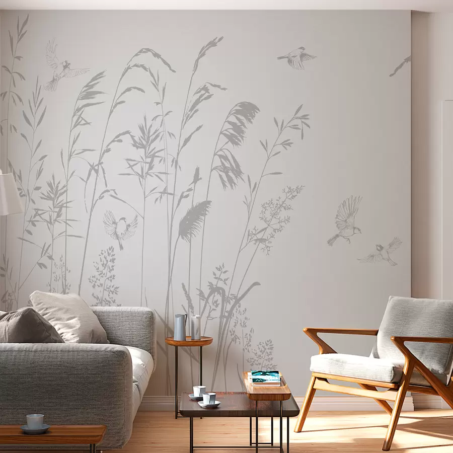 murais de parede Plantas e pequenos pássaros natureza minimalismo cor cinza w08172v1
