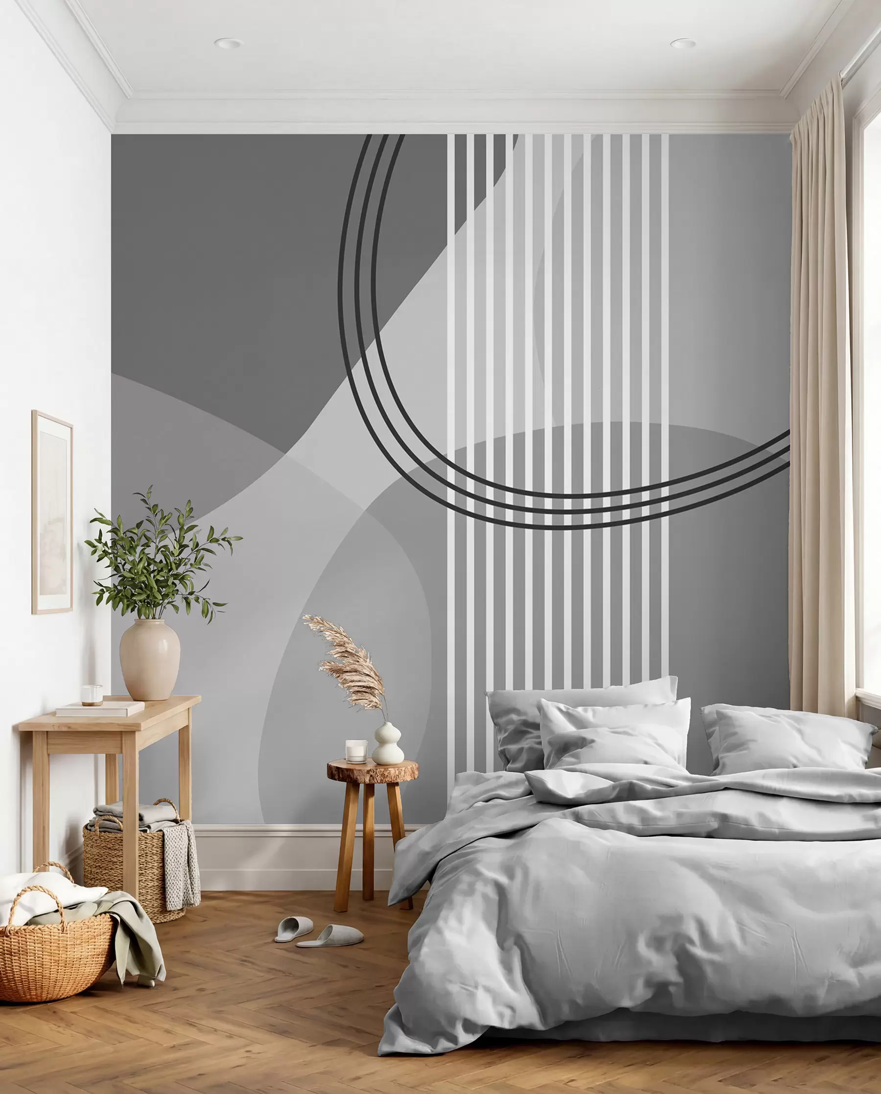 murais de parede Linha de abstração geométrica e círculo minimalismo estilo moderno cor cinza w08173v3