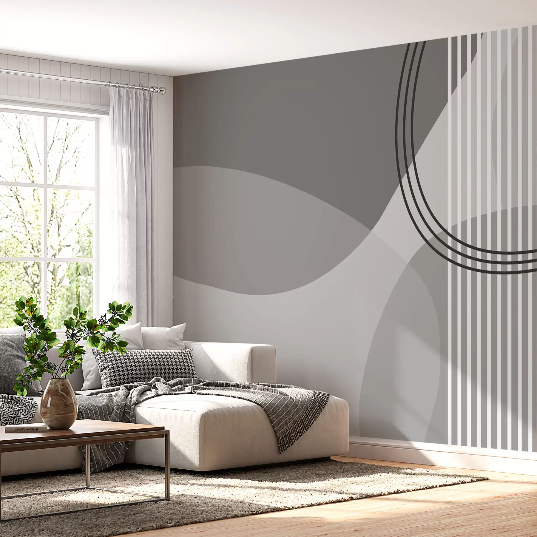 murais de parede Linha de abstração geométrica e círculo minimalismo estilo moderno cor cinza w08173v3