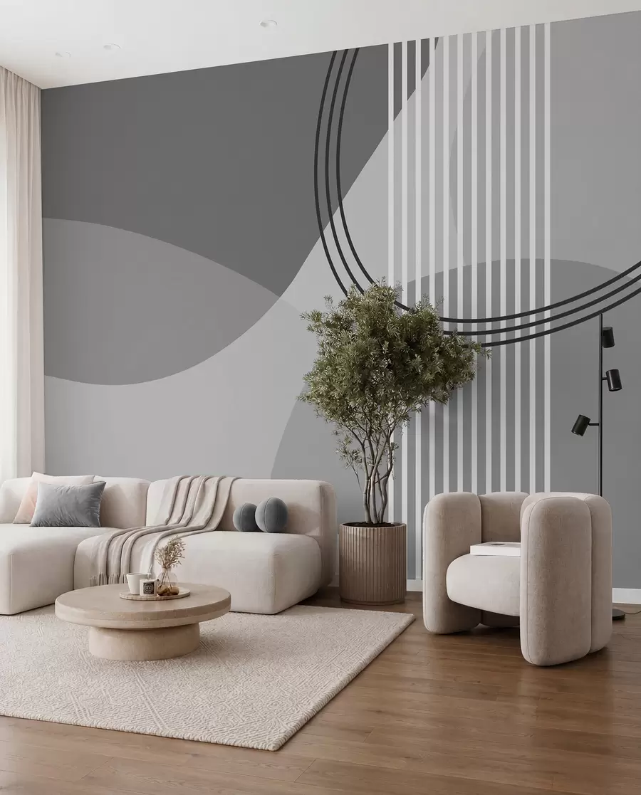 murais de parede Linha de abstração geométrica e círculo minimalismo estilo moderno cor cinza w08173v3
