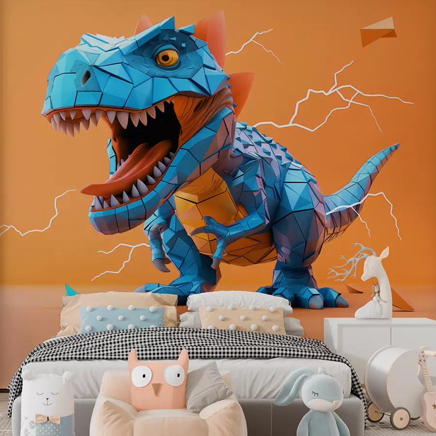 murais de parede Dinossauro feroz com um raio nas cores amarelo e azul w01333v1