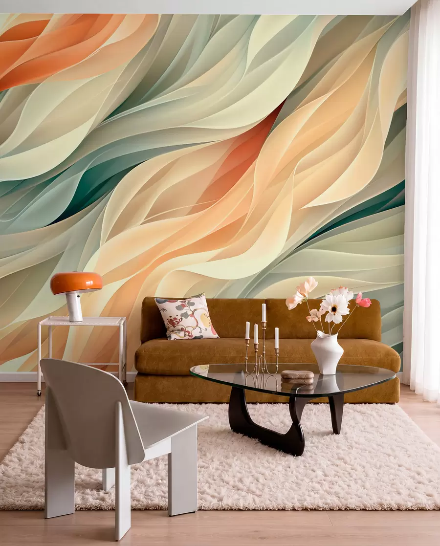 murais de parede Design abstrato hipnotizante com ondas suaves em tons pastéis em cores quentes w01335v1