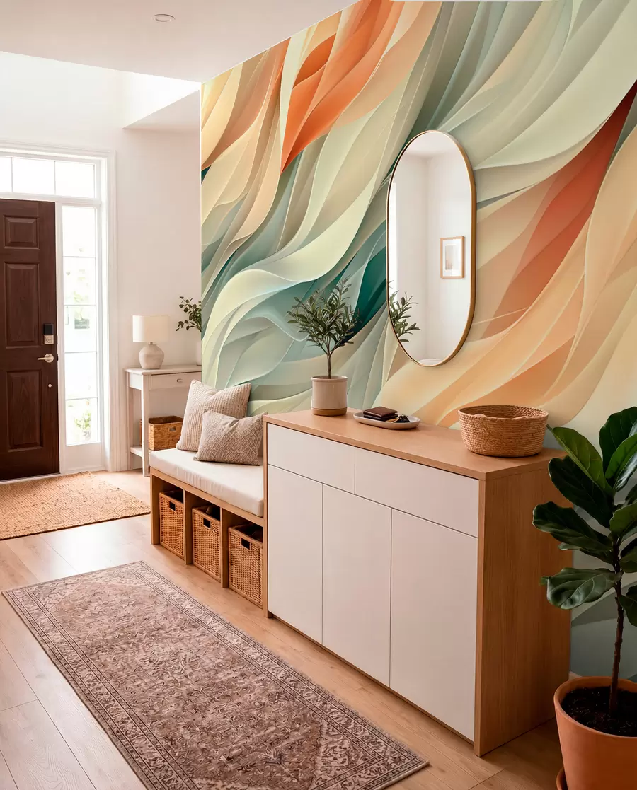 murais de parede Design abstrato hipnotizante com ondas suaves em tons pastéis em cores quentes w01335v1
