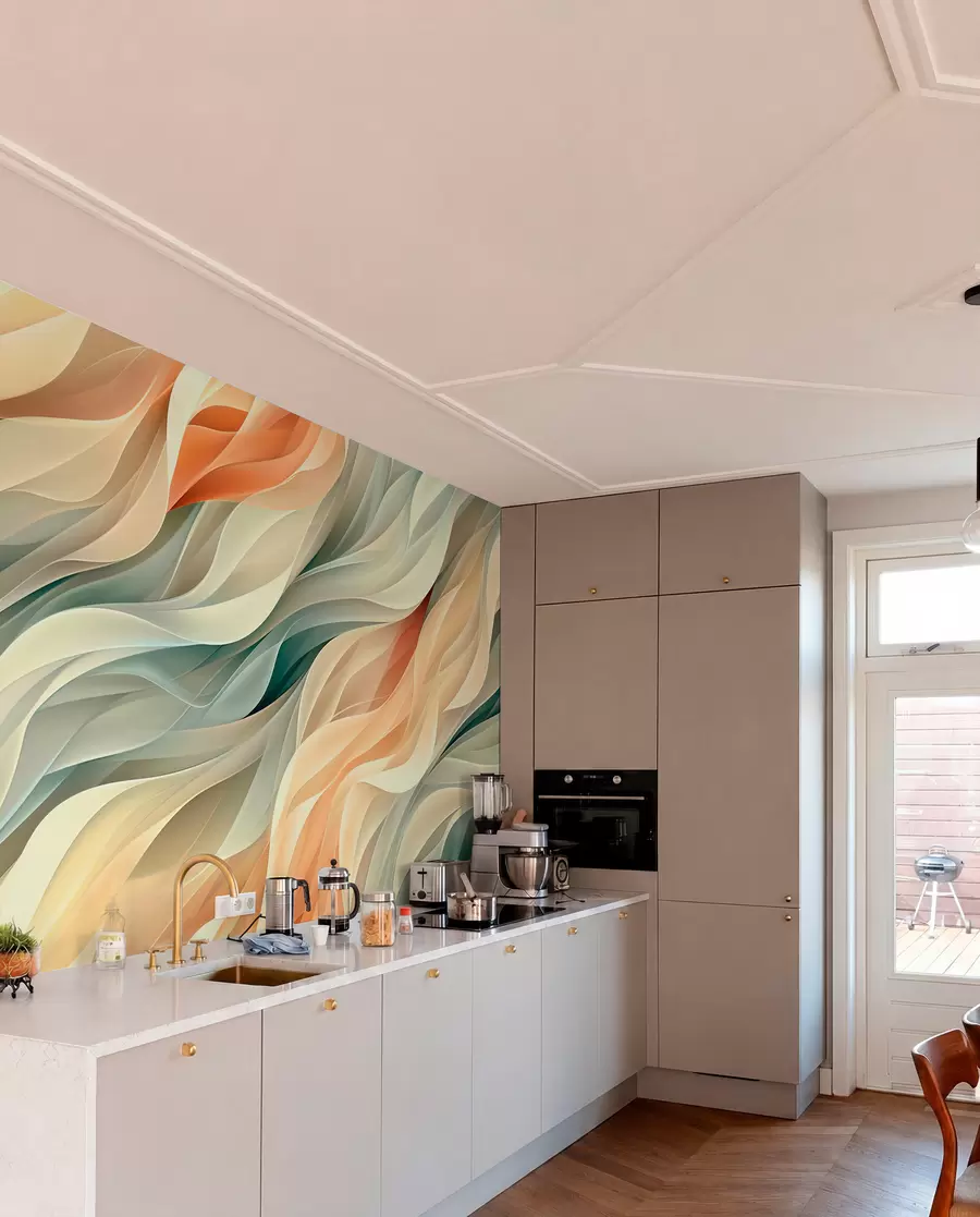 murais de parede Design abstrato hipnotizante com ondas suaves em tons pastéis em cores quentes w01335v1