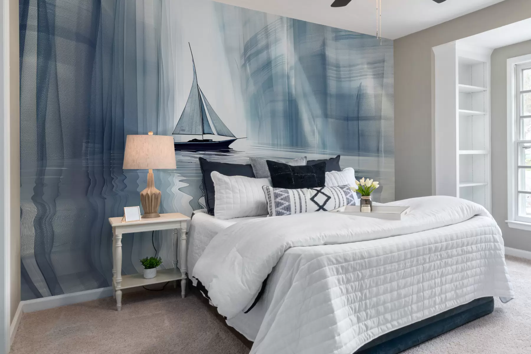 murais de parede Barco na água em estilo futurista com cores azuis w01338