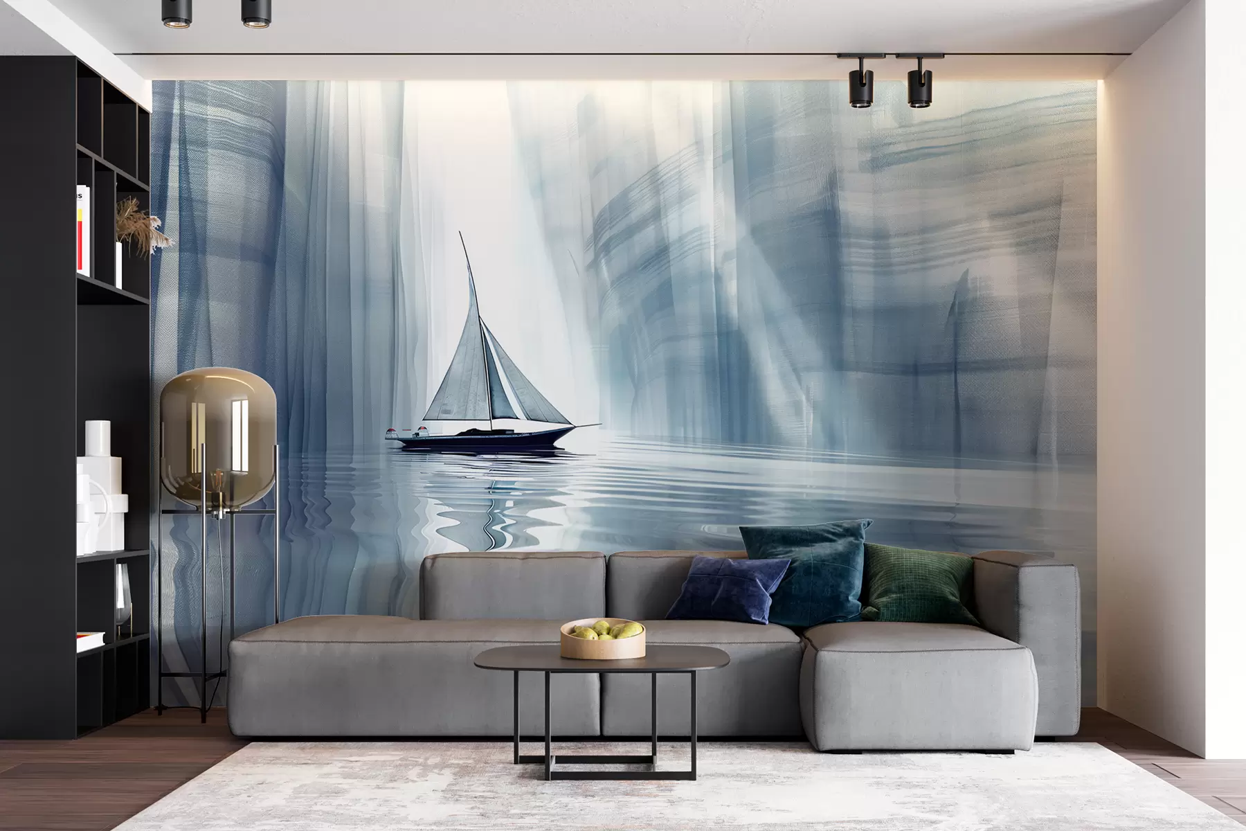 murais de parede Barco na água em estilo futurista com cores azuis w01338