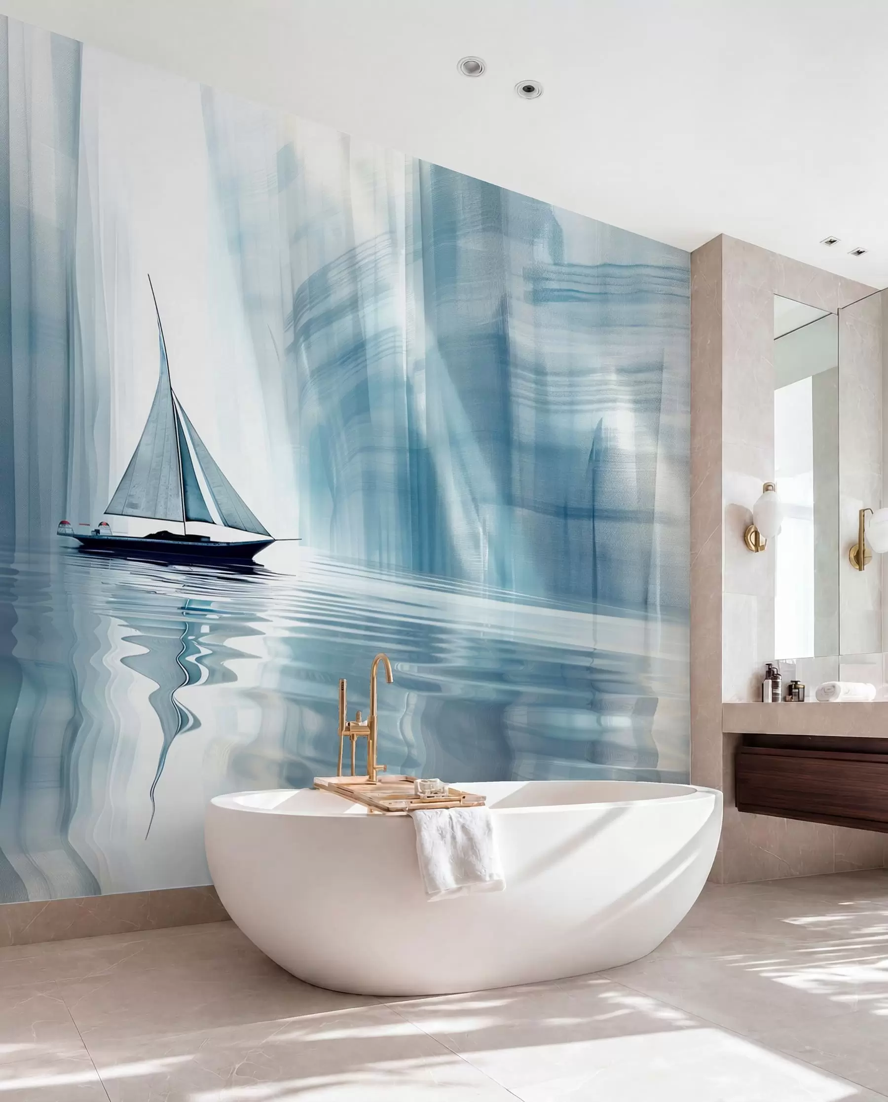 murais de parede Barco na água em estilo futurista com cores azuis w01338