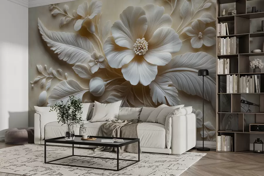 murais de parede Arte de parede em relevo 3D com penas e flores, com uma grande papoula em cores bege w01340