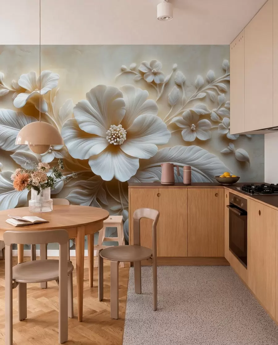 murais de parede Arte de parede em relevo 3D com penas e flores, com uma grande papoula em cores bege w01340