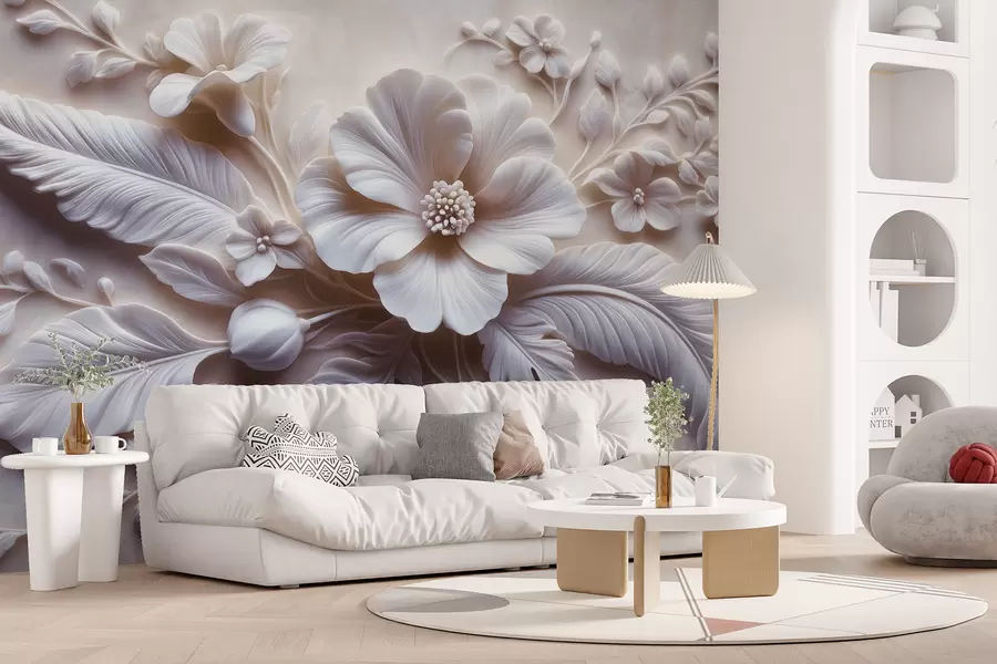 murais de parede Arte de parede em relevo 3D com penas e flores, com uma grande papoula em tons de rosa claro w01340v1