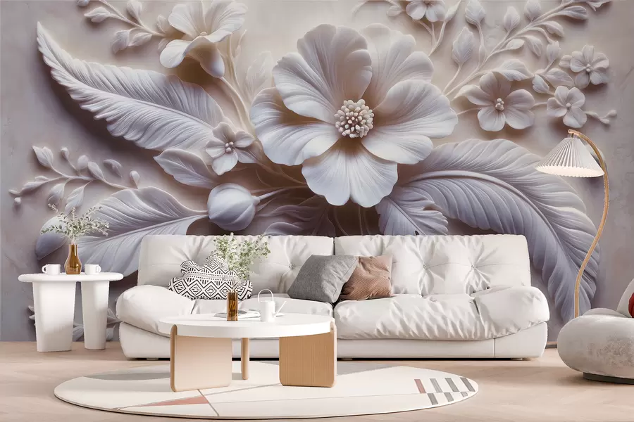 murais de parede Arte de parede em relevo 3D com penas e flores, com uma grande papoula em tons de rosa claro w01340v1