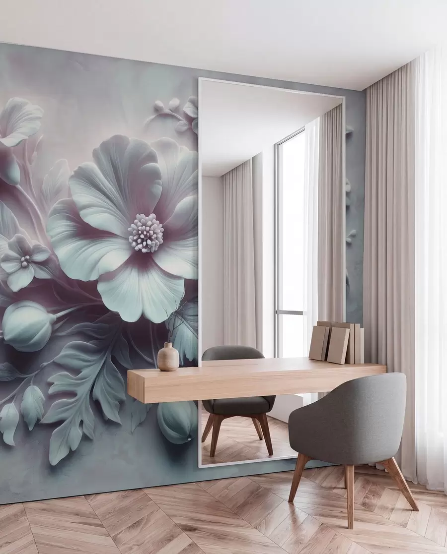 murais de parede Arte de parede em relevo 3D com penas e flores, com uma grande papoula em cores azul claro w01340v2