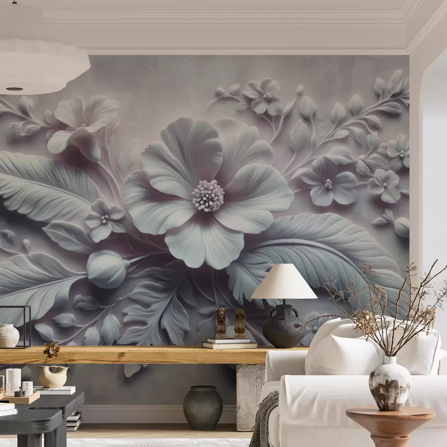 murais de parede Arte de parede em relevo 3D com penas e flores, com uma grande papoula em cores azul claro w01340v2