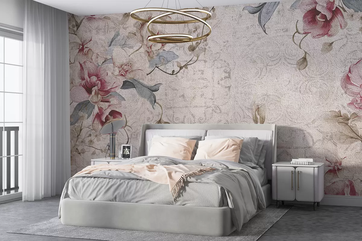 murais de parede Um padrão floral vintage com delicadas flores rosas e brancas, folhas em um fundo bege claro w08149