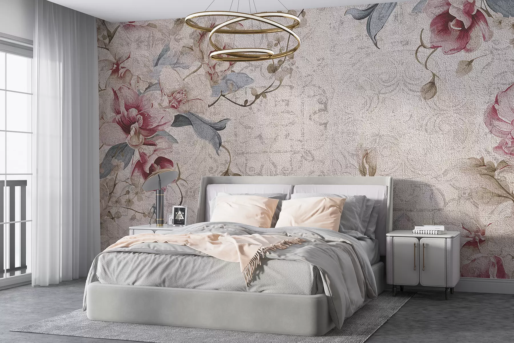 murais de parede Um padrão floral vintage com delicadas flores rosas e brancas, folhas em um fundo bege claro w08149