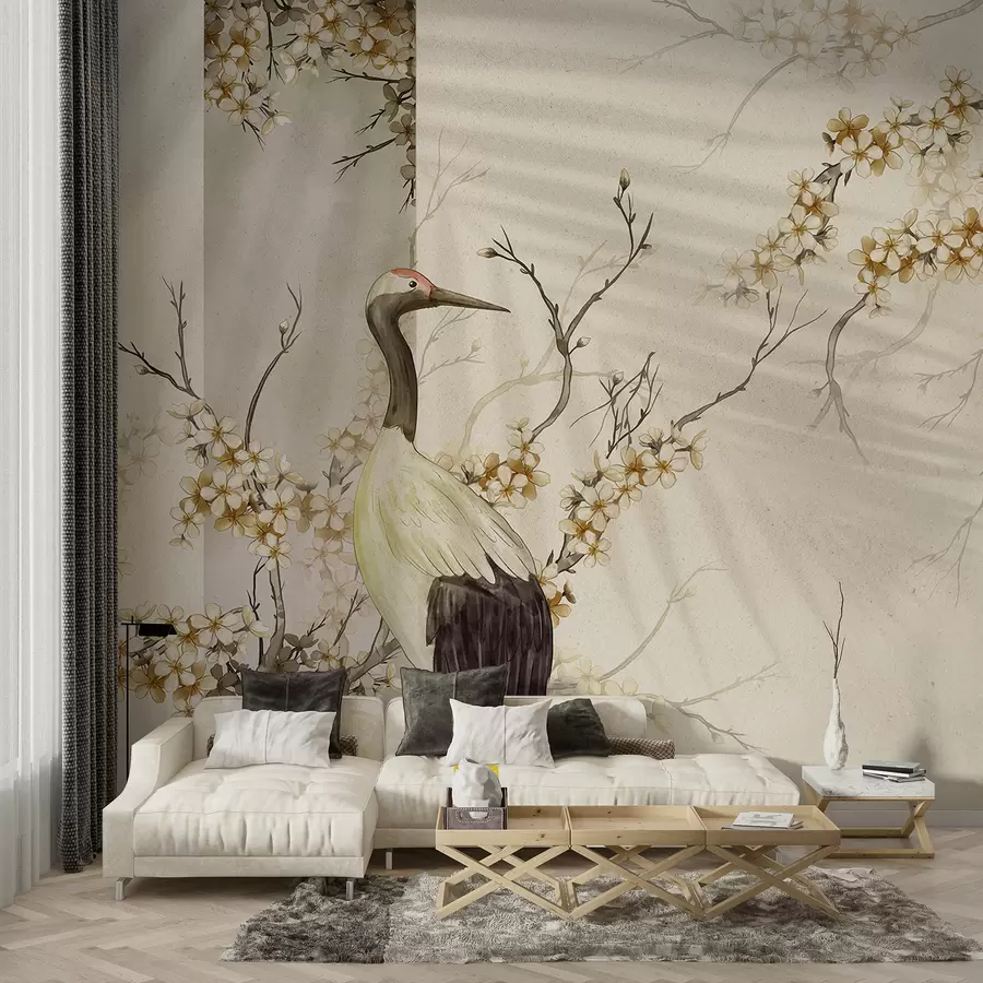 murais de parede Um guindaste branco em pé em um galho com flores desabrochando, contra um fundo suave e desfocado w08159