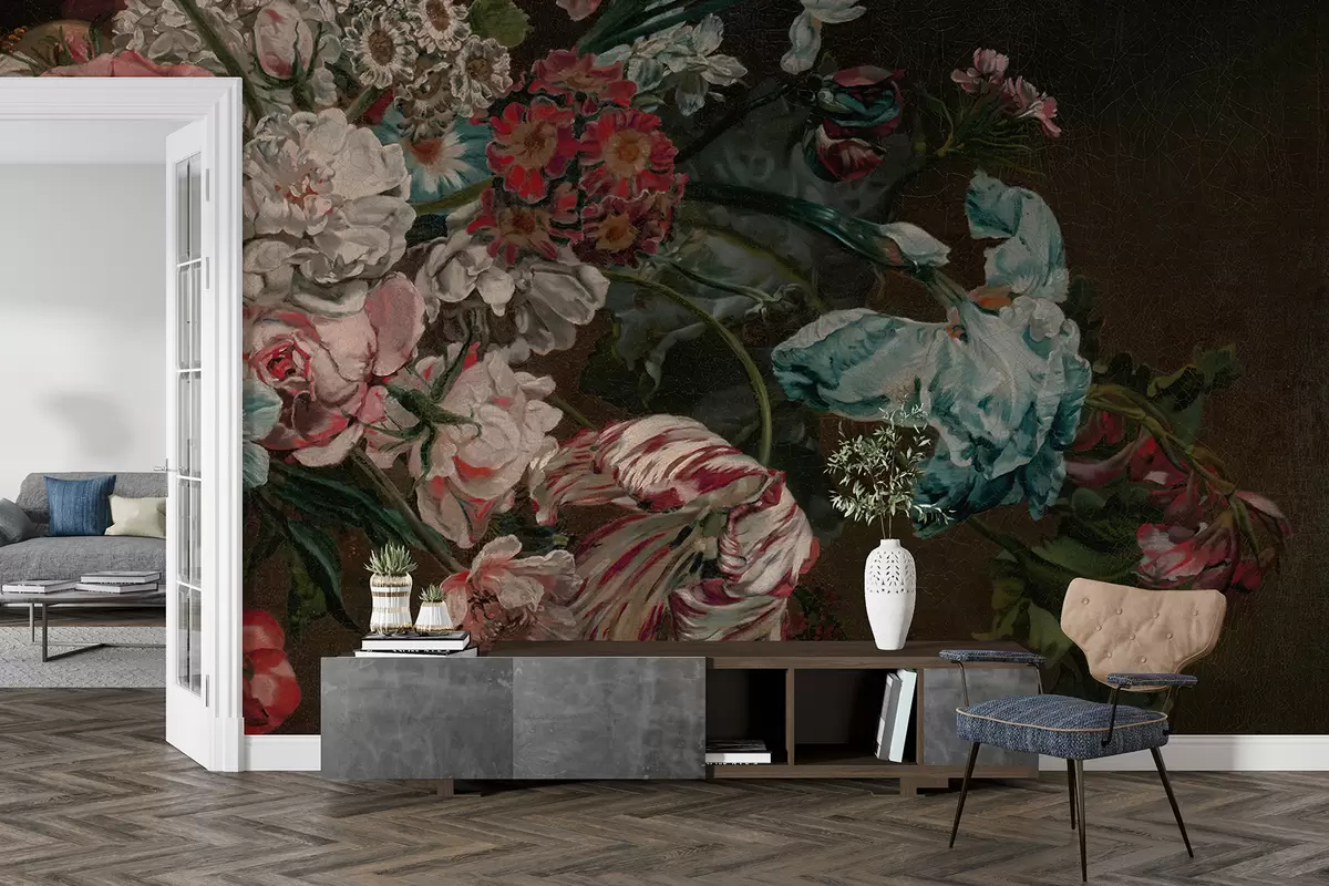 murais de parede Flores coloridas vintage, incluindo peônias rosas, cravos vermelhos e lírios brancos contra um fundo escuro w08163