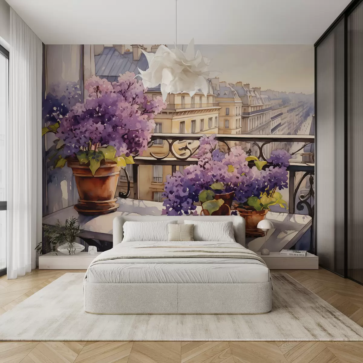 murais de parede Flores lilases em vasos em uma varanda com vista para casas e telhados da cidade aquarela w00740