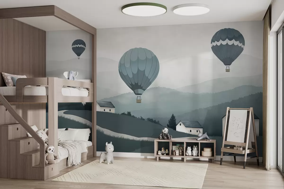 murais de parede balões sobre a paisagem em tons de azul w01376