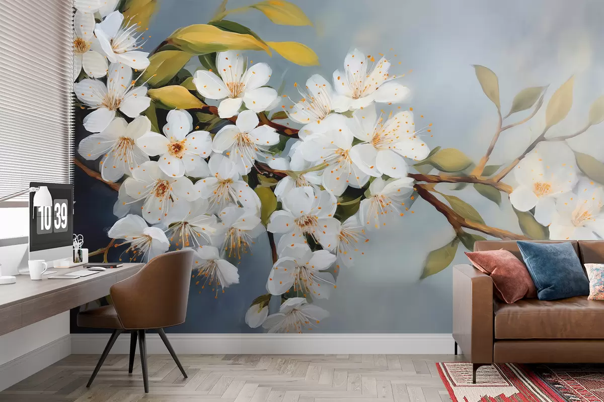 murais de parede Ramo com flores brancas desabrochando, imitação de pintura a óleo w00960