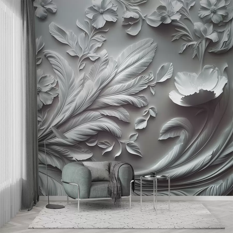 murais de parede Flores e folhas requintadas em tons de cinza w01356v2