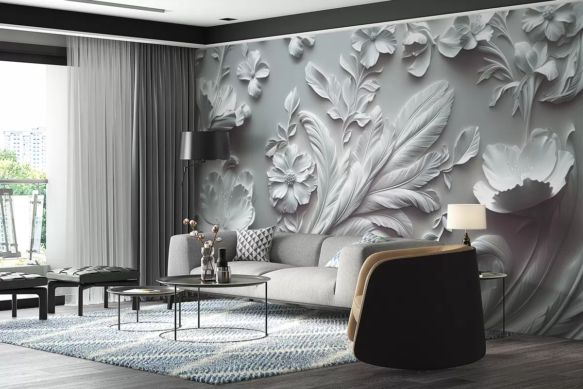 murais de parede Flores e folhas requintadas em tons de cinza w01356v2