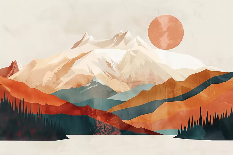 murais de parede Boho bliss: uma paisagem serena de montanhas, árvores e sol w01358