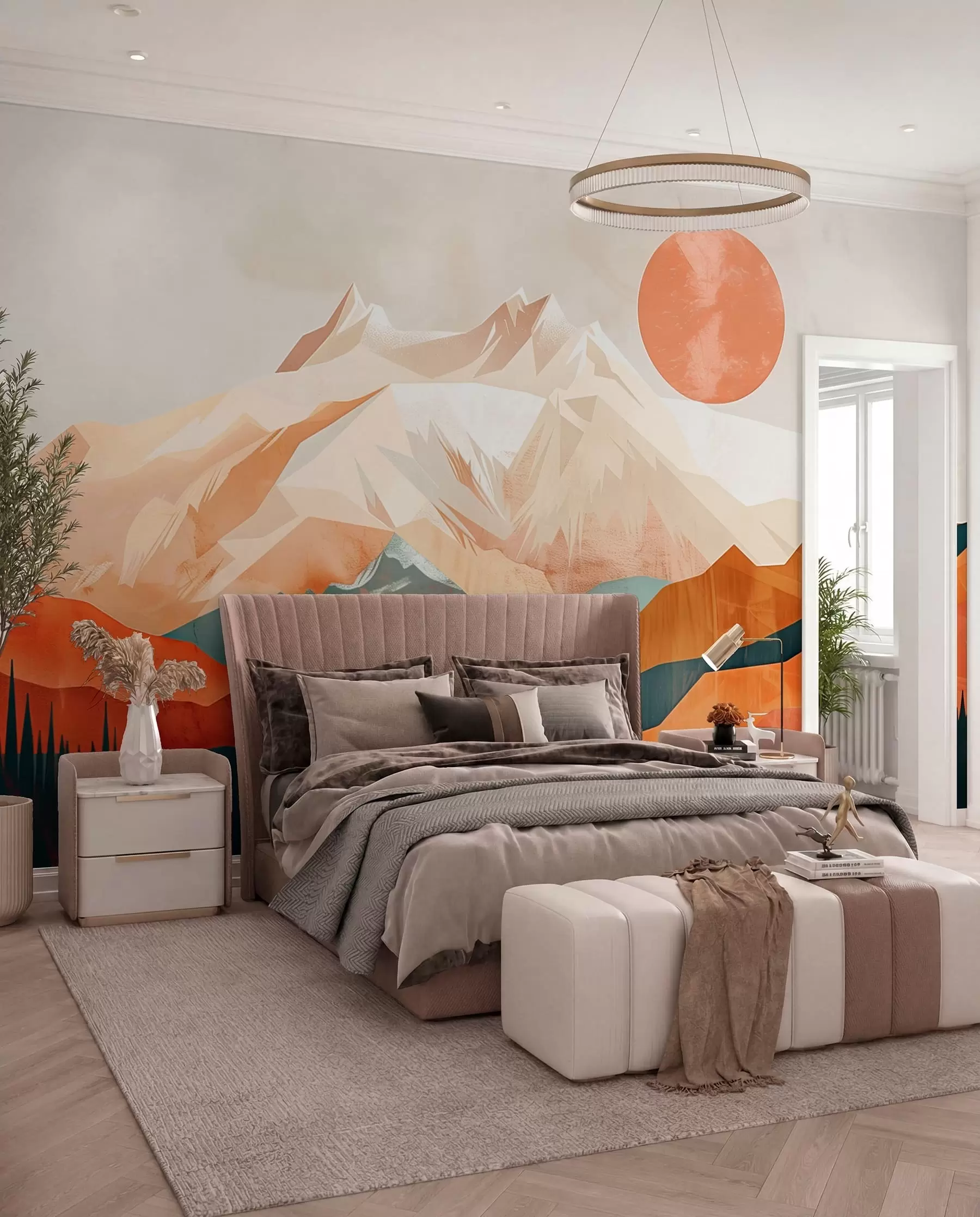 murais de parede Boho bliss: uma paisagem serena de montanhas, árvores e sol w01358