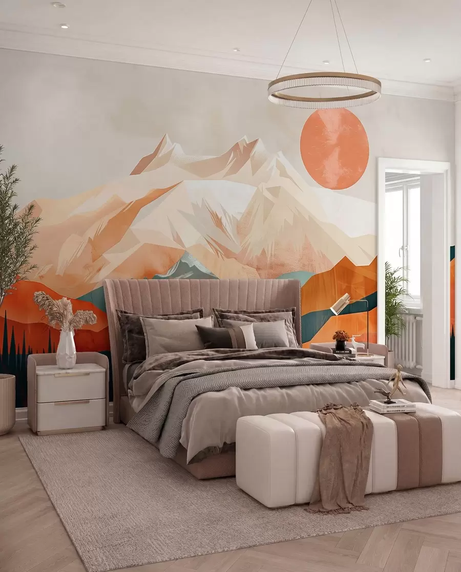 murais de parede Boho bliss: uma paisagem serena de montanhas, árvores e sol w01358