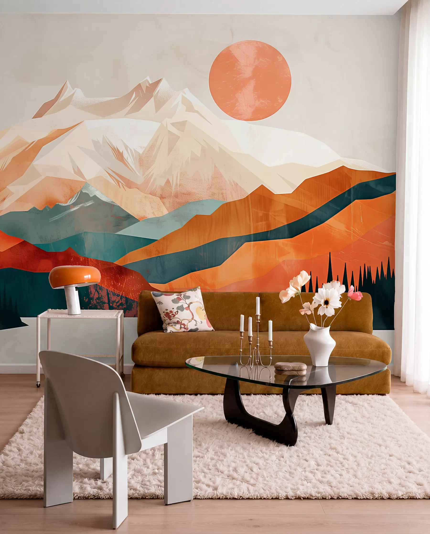 murais de parede Boho bliss: uma paisagem serena de montanhas, árvores e sol w01358