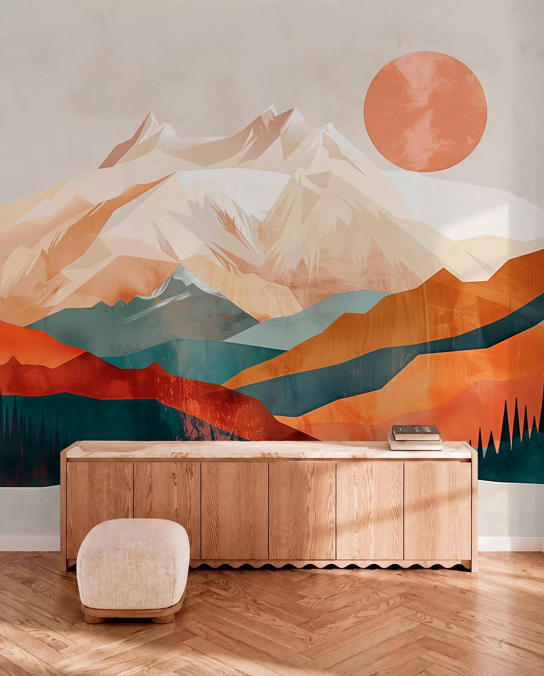 murais de parede Boho bliss: uma paisagem serena de montanhas, árvores e sol w01358
