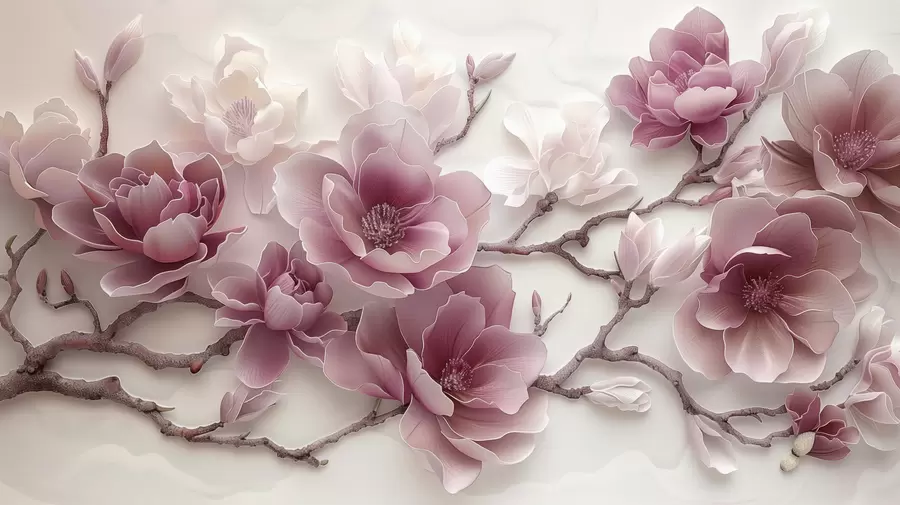 murais de parede Flores de magnólia rosa em relevo em um galho gracioso w01359v2