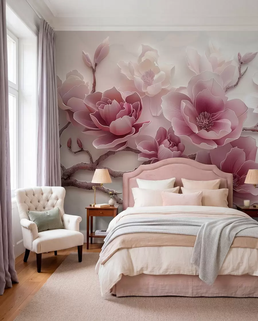 murais de parede Flores de magnólia rosa em relevo em um galho gracioso w01359v2