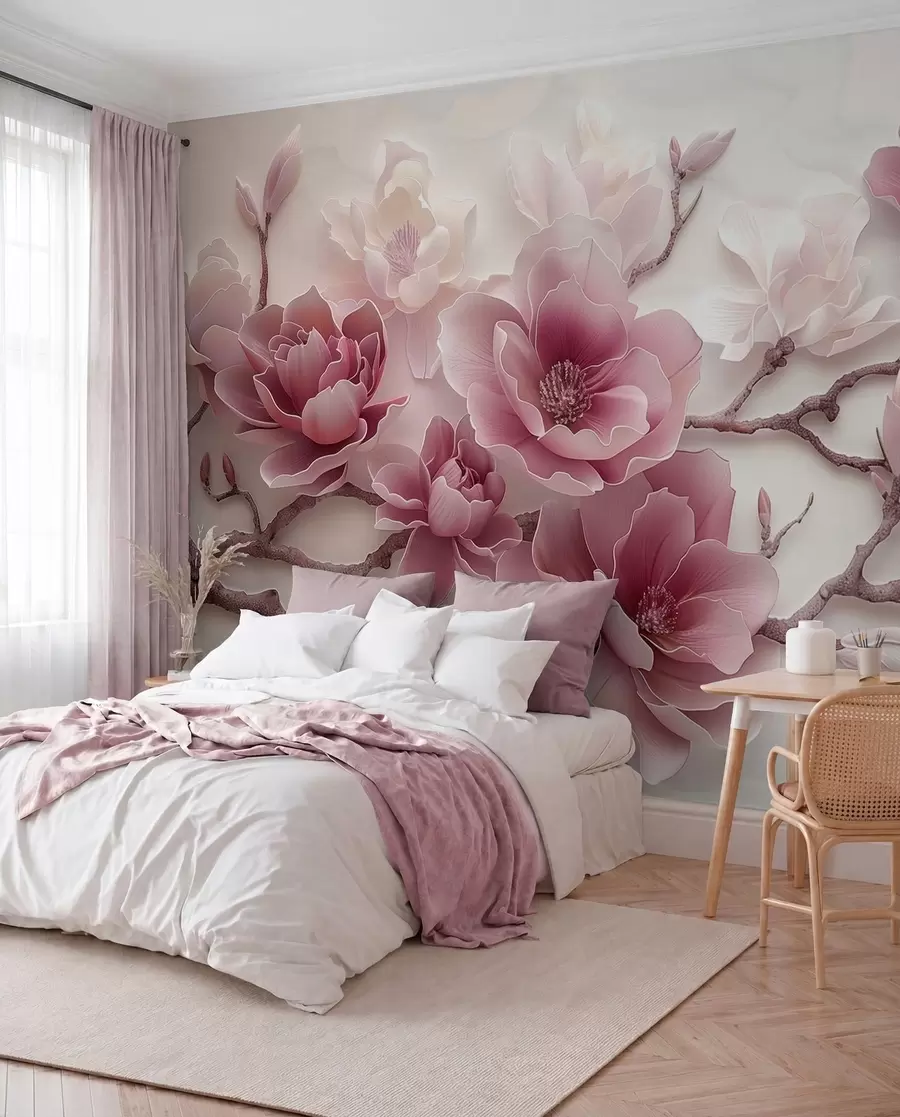 murais de parede Flores de magnólia rosa em relevo em um galho gracioso w01359v2