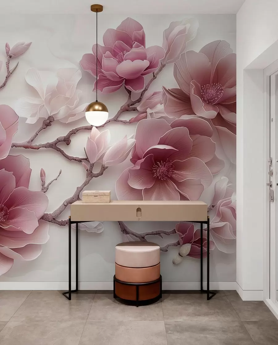 murais de parede Flores de magnólia rosa em relevo em um galho gracioso w01359v2