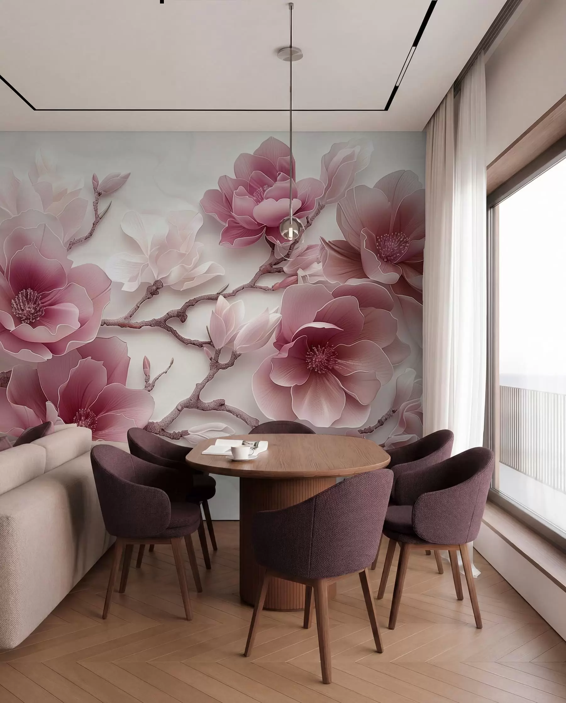 murais de parede Flores de magnólia rosa em relevo em um galho gracioso w01359v2