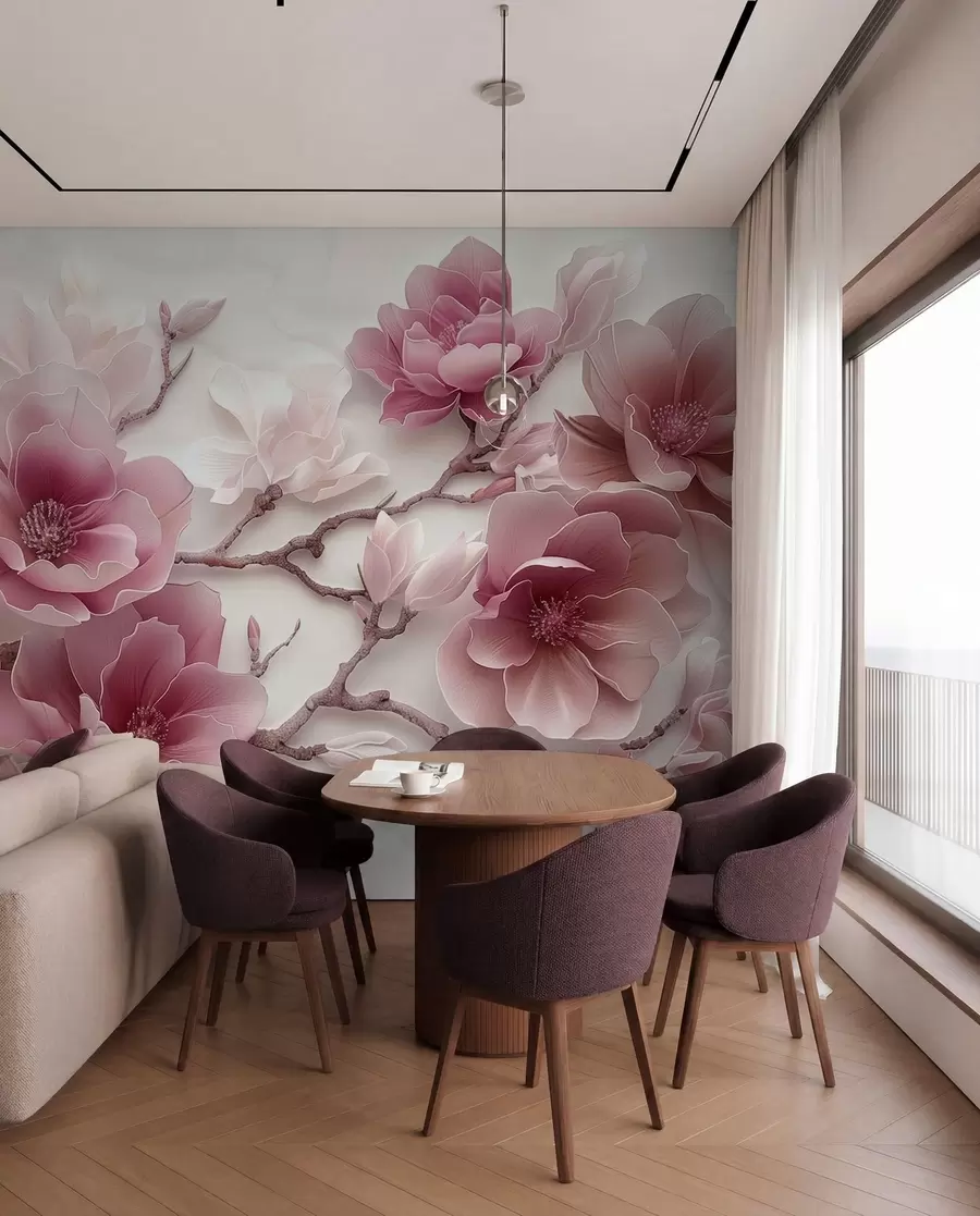 murais de parede Flores de magnólia rosa em relevo em um galho gracioso w01359v2