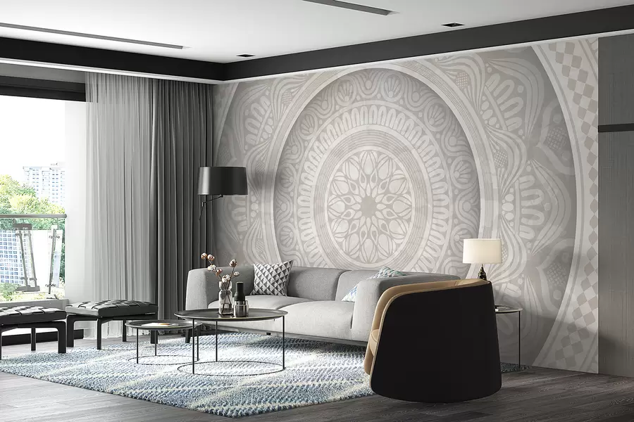 murais de parede Uma impressão de mandala simétrica detalhada em cinza e branco com círculos concêntricos e formas geométricas   w08182